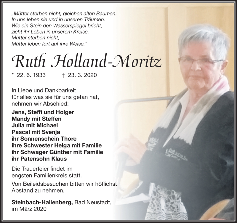  Traueranzeige für Ruth Holland-Moritz vom 26.03.2020 aus Südthüringer Presse