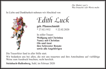 Traueranzeige von Edith Luck von Südthüringer Presse