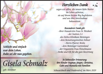 Traueranzeige von Gisela Schmalz von Südthüringer Presse