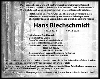 Traueranzeige von Hans Blechschmidt von Südthüringer Presse