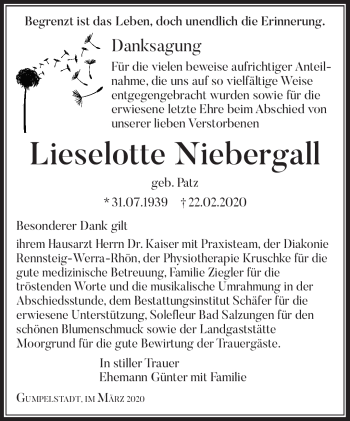 Traueranzeige von Lieselotte Niebergall von Südthüringer Presse