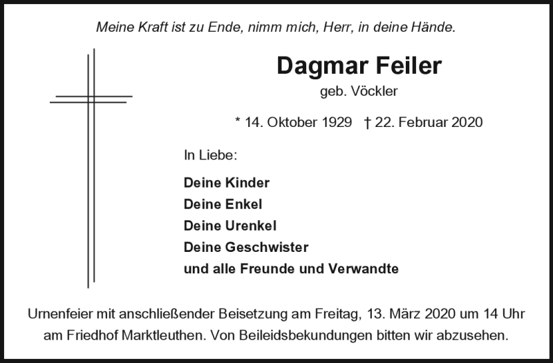  Traueranzeige für Dagmar Feiler vom 10.03.2020 aus Frankenpost