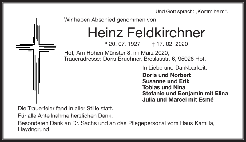  Traueranzeige für Heinz Feldkirchner vom 07.03.2020 aus Frankenpost