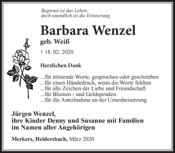 Traueranzeige von Barbara Wenzel von Südthüringer Presse