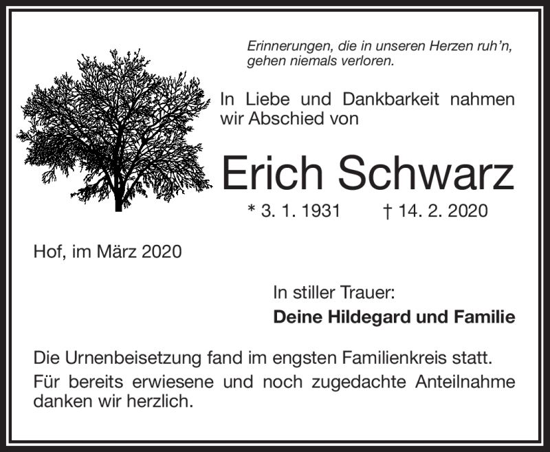  Traueranzeige für Erich Schwarz vom 13.03.2020 aus Frankenpost