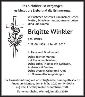 Traueranzeige von Brigitte Winkler von Südthüringer Presse