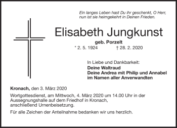 Traueranzeige von Elisabeth Jungkunst von Neue Presse Coburg