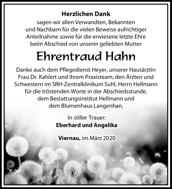 Traueranzeige von Ehrentraud Hahn von Südthüringer Presse