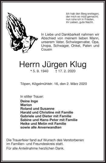 Traueranzeige von Jürgen Klug von Frankenpost