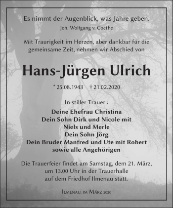 Traueranzeige von Hans-Jürgen Ulrich von Südthüringer Presse