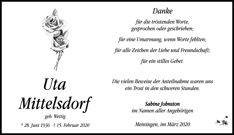  Traueranzeige für Uta Mittelsdorf vom 14.03.2020 aus Südthüringer Presse