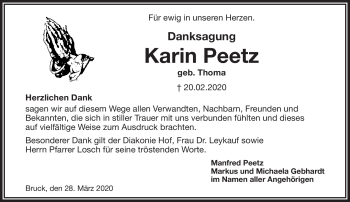 Traueranzeige von Karin Peetz von Frankenpost
