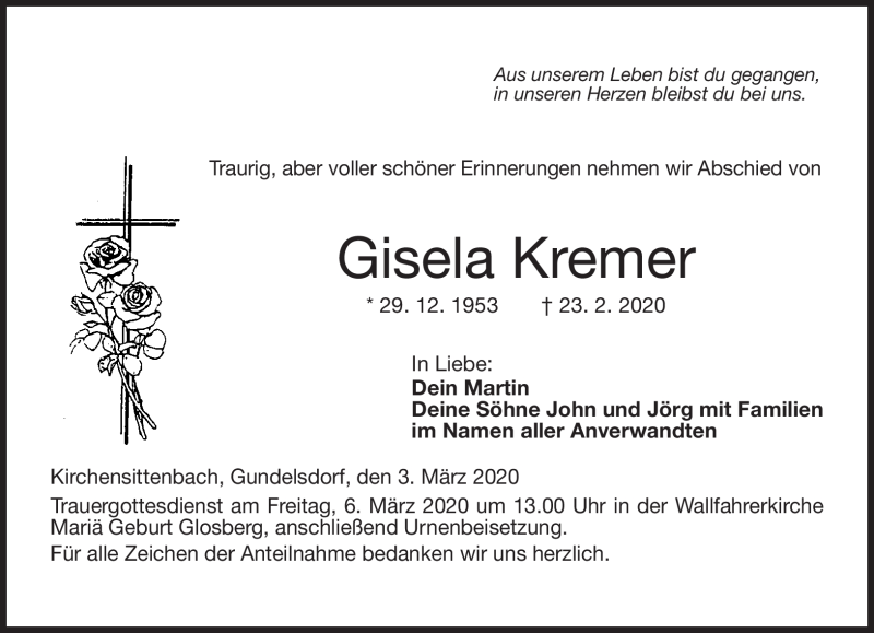  Traueranzeige für Gisela Kremer vom 03.03.2020 aus Neue Presse Coburg