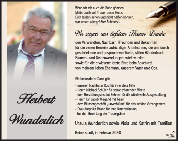 Traueranzeige von Herbert Wunderlich von Südthüringer Presse