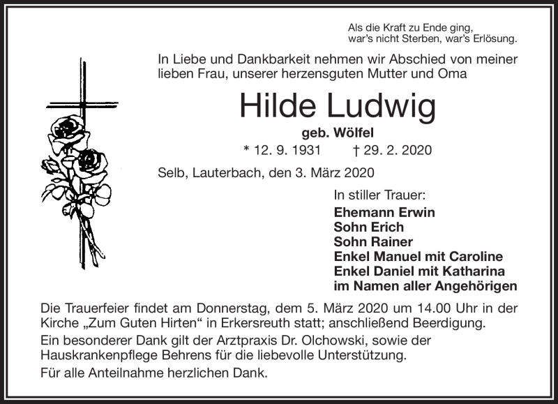  Traueranzeige für Hilde Ludwig vom 03.03.2020 aus Frankenpost