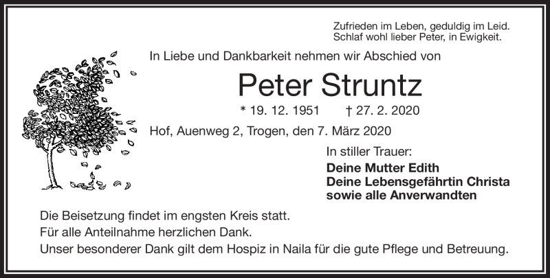  Traueranzeige für Peter Strunz vom 07.03.2020 aus Frankenpost