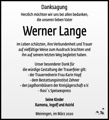 Traueranzeige von Werner Lange von Südthüringer Presse