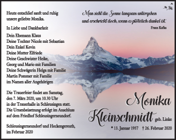 Traueranzeige von Monika Kleinschmidt von Südthüringer Presse