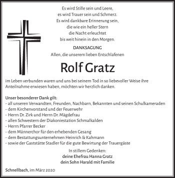 Traueranzeige von Rolf Gratz von Südthüringer Presse