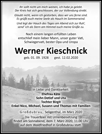 Traueranzeige von Werner Kieschnick von Südthüringer Presse