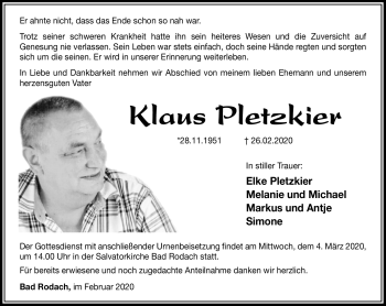 Traueranzeige von Klaus Pletzkier von Südthüringer Presse