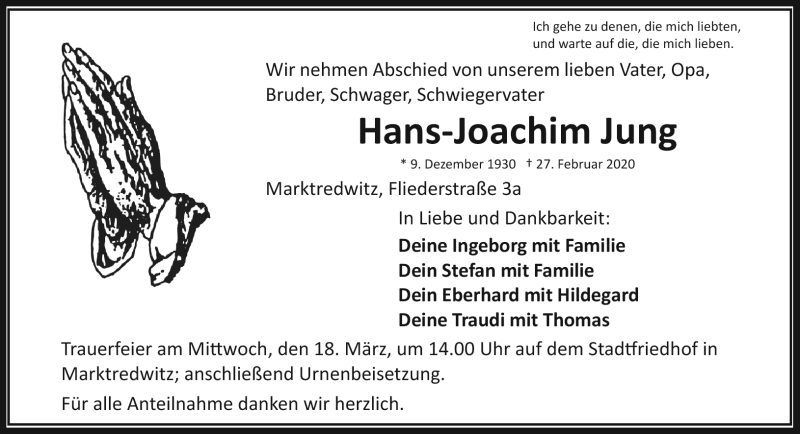  Traueranzeige für Hans-Joachim Jung vom 14.03.2020 aus Frankenpost