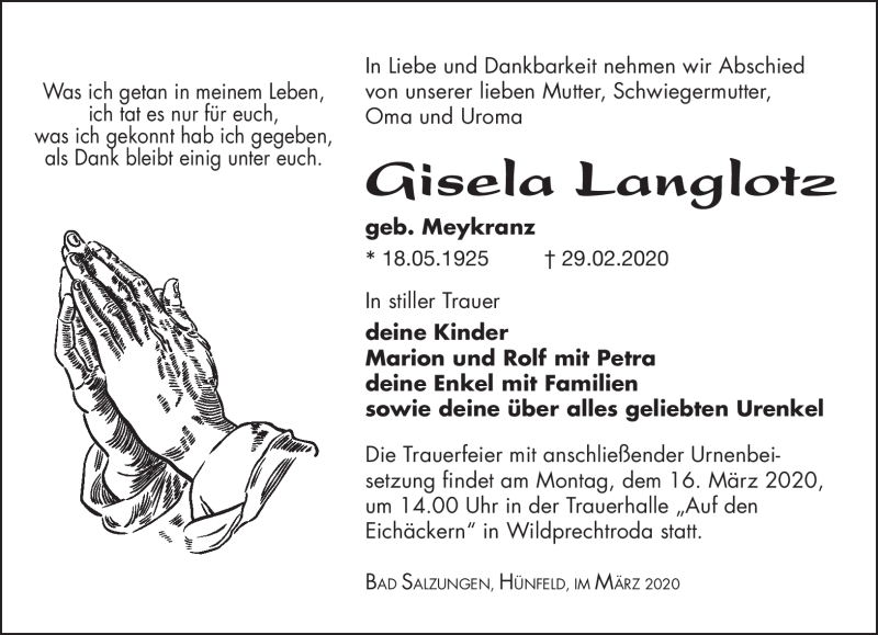  Traueranzeige für Gisela Langlotz vom 10.03.2020 aus Südthüringer Presse