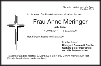 Traueranzeige von Anne Meringer von Frankenpost