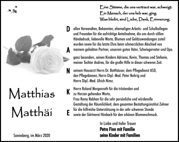 Traueranzeige von Matthias Matthäi von Südthüringer Presse