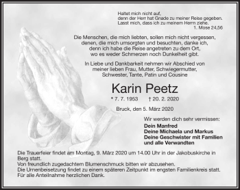 Traueranzeige von Karin Peetz von Frankenpost