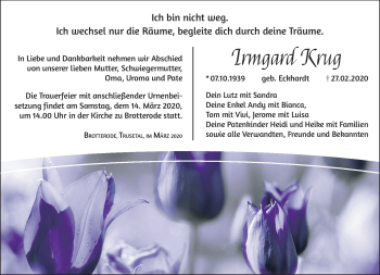 Traueranzeige von Irmgard Krug von Südthüringer Presse