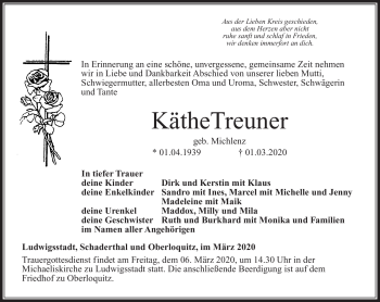Traueranzeige von Käthe Treuner von Neue Presse Coburg