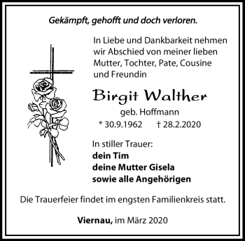 Traueranzeige von Birgit Walther von Südthüringer Presse