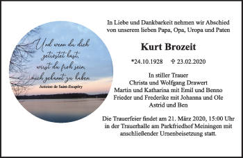 Traueranzeige von Kurt Brozeit von Südthüringer Presse