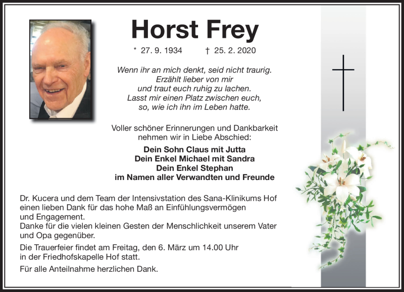  Traueranzeige für Horst Frey vom 03.03.2020 aus Frankenpost