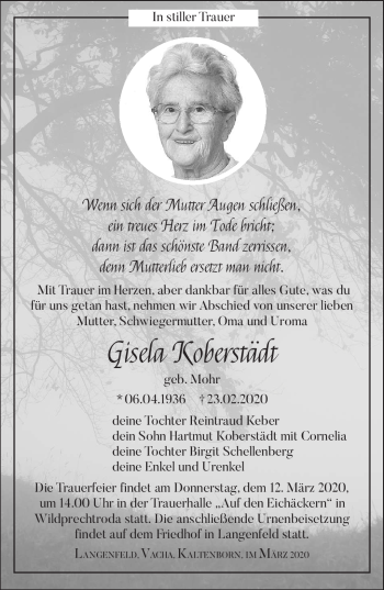 Traueranzeige von Gisela Koberstädt von Südthüringer Presse