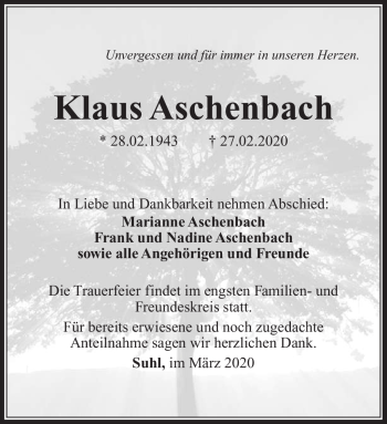Traueranzeige von Klaus Aschenbach von Südthüringer Presse