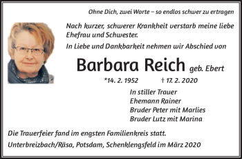 Traueranzeige von Barbara Reich von Südthüringer Presse