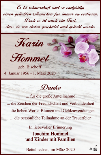 Traueranzeige von Karin Hommel von Südthüringer Presse