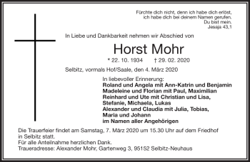 Traueranzeige von Horst Mohr von Frankenpost