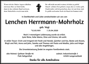 Traueranzeige von Lenchen Herrmann-Mohrholz von Südthüringer Presse
