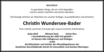 Traueranzeige von Christin Wundersee-Bader von Südthüringer Presse