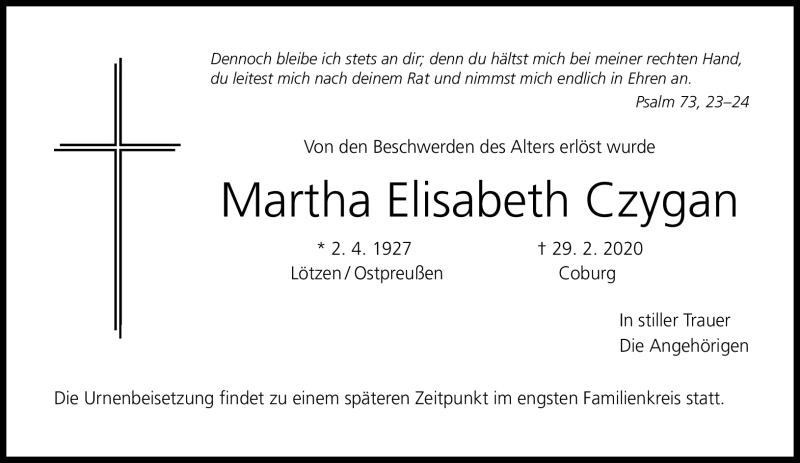  Traueranzeige für Martha-Elisabeth Czygan vom 04.04.2020 aus Neue Presse Coburg