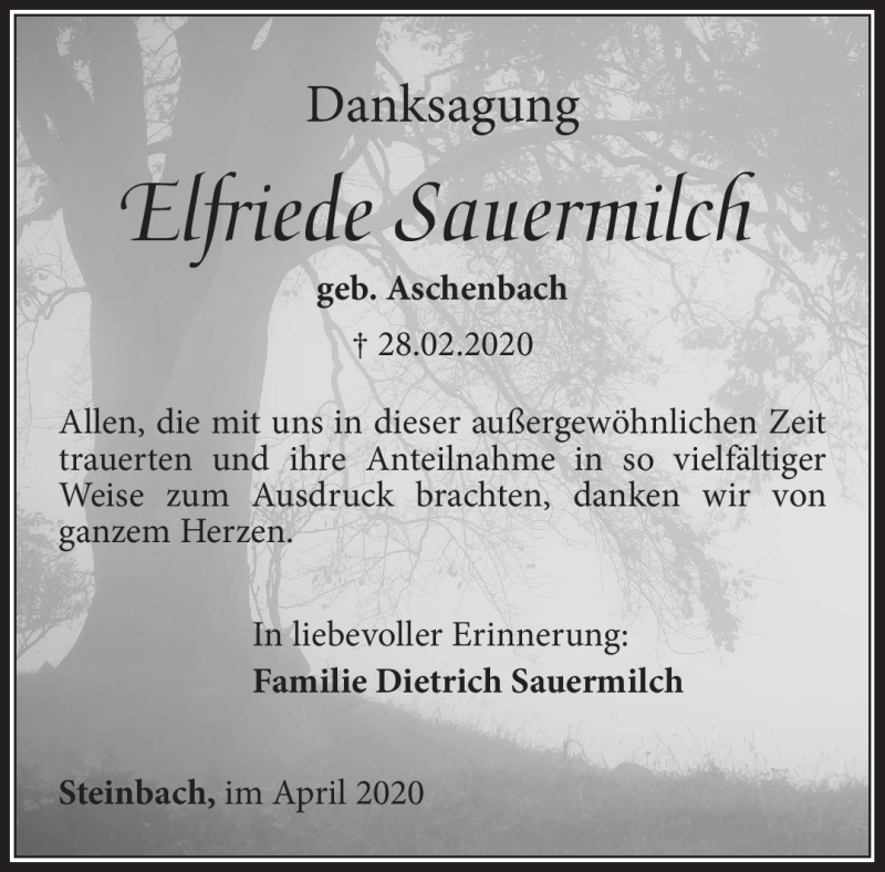  Traueranzeige für Elfriede Sauermilch vom 21.04.2020 aus Südthüringer Presse