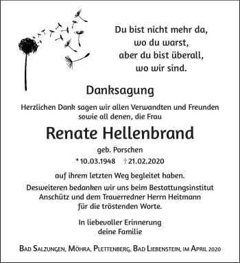 Traueranzeige von Renate Hellenbrand von Südthüringer Presse