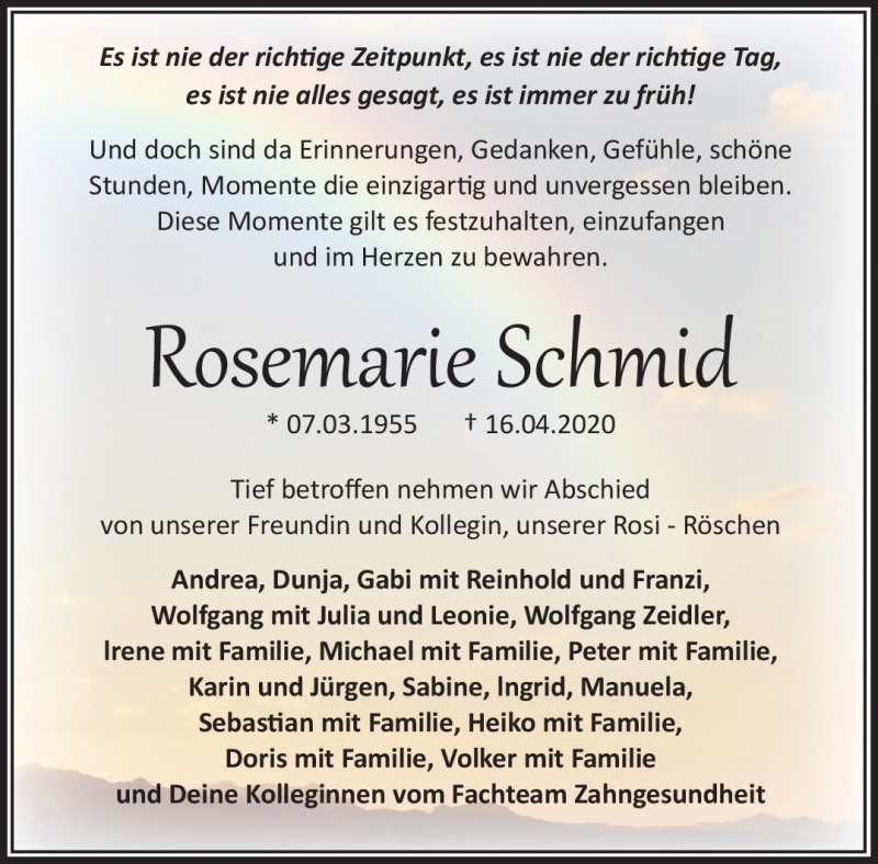  Traueranzeige für Rosemarie Schmid vom 25.04.2020 aus Frankenpost