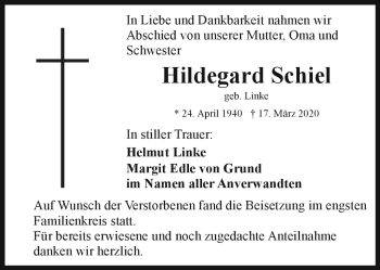 Traueranzeige von Hildegard Schiel von Frankenpost