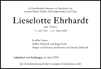 Traueranzeige von Lieselotte Ehrhardt von Südthüringer Presse