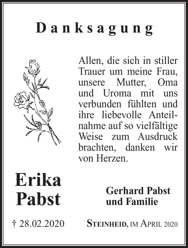  Traueranzeige für Erika Pabst vom 25.04.2020 aus Südthüringer Presse