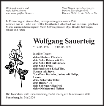 Traueranzeige von Wolfgang Sauerteig von Südthüringer Presse